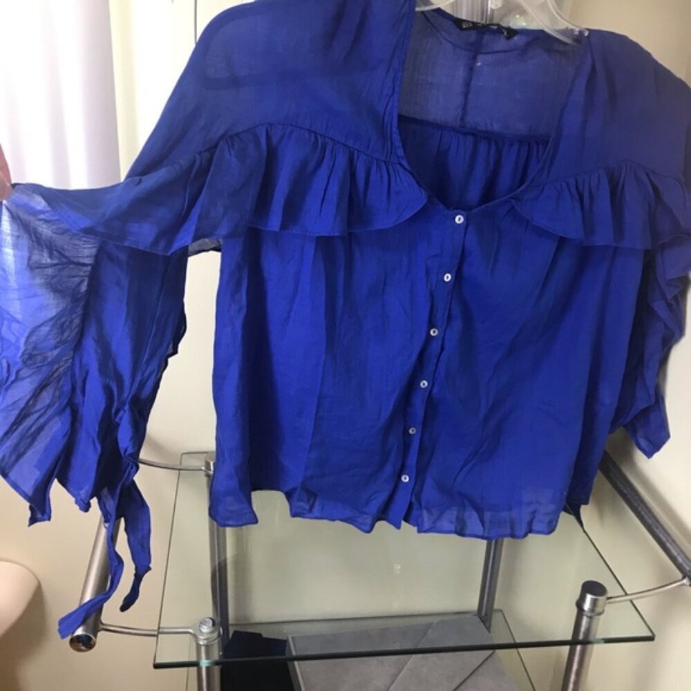 ZARA NEW Ruffles Ties Cotton Lightweight Flowy Button Shirt Blouse Top BlueFairy - Picture 5 of 8